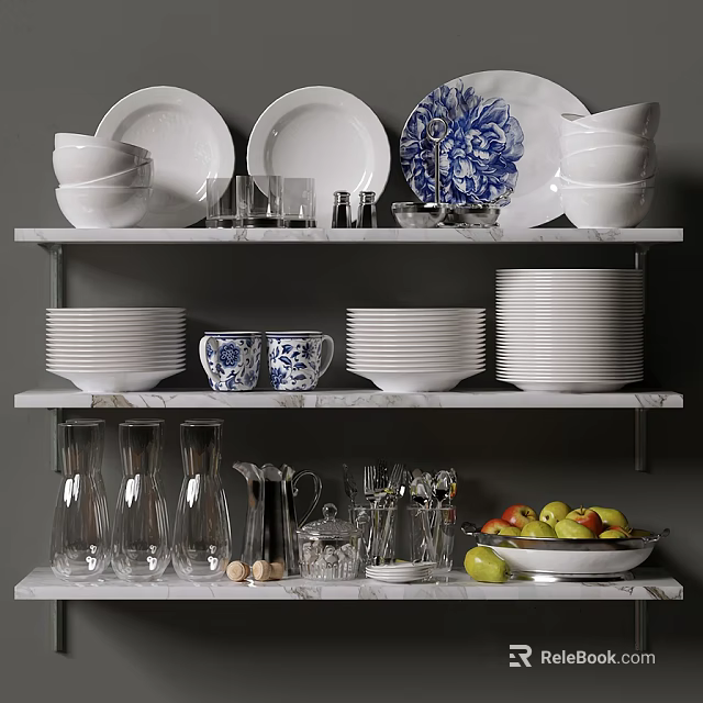 Stylish Kitchenware Display On Marble Shelves With Plates Bowls Mugs And Glassware 3d model 