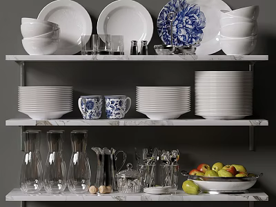 Stylish Kitchenware Display On Marble Shelves With Plates Bowls Mugs And Glassware 3d model