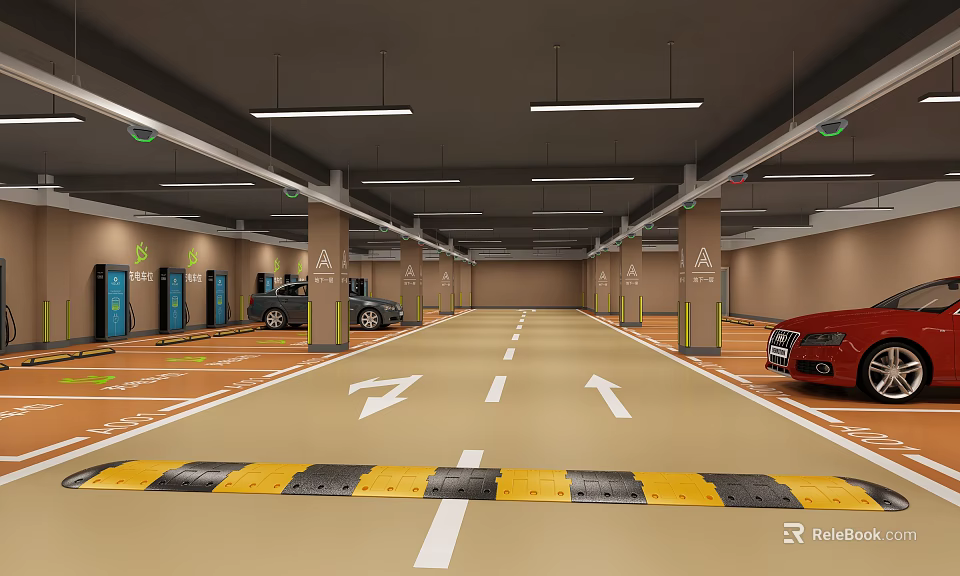 Modern Underground Parking Garage With Cars Lane Markings Directional Arrows And Bright Lighting 3d model 