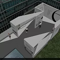 Modern Building Exterior With Glass Curtain Wall Outdoor Lawn Water Pool And Steps