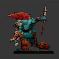 Detailed Blue Skinned Red Armored Spear Wielding Game Movie Character In Dynamic Stance