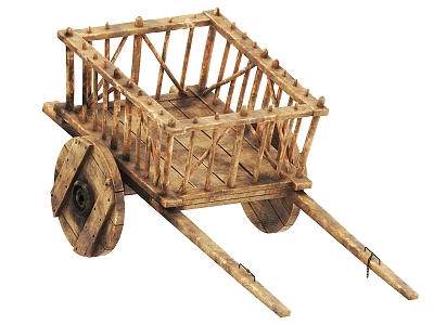 Rustic Traditional Wooden Cart With Handmade Frame And Large Wheels 3d model
