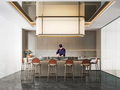 Modern Restaurant Open Kitchen With Chef At Bar Counter And Bar Stools 3d model