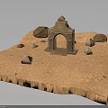 Ancient Stone Arch Structure With Surrounding Rocks On Sand Platform Base 3d model