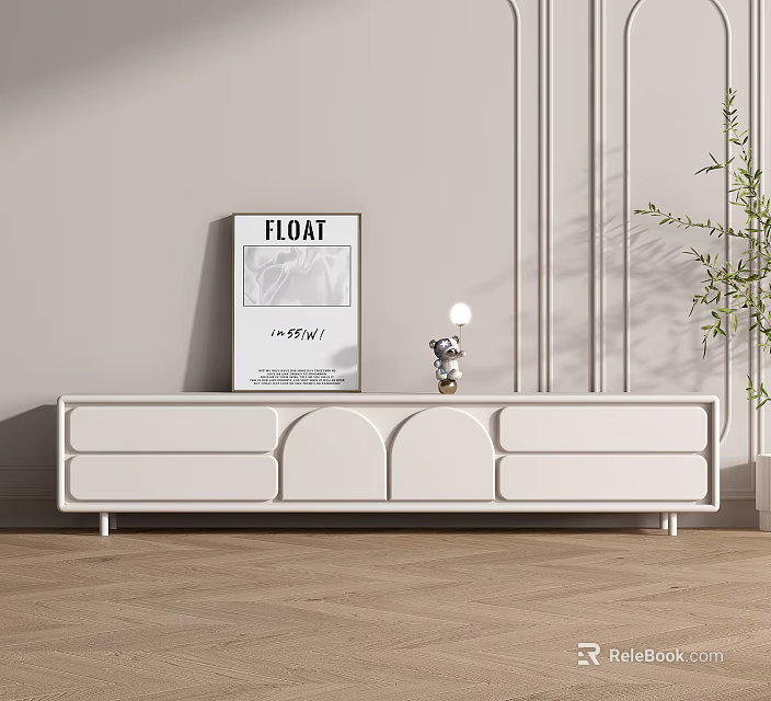 White TV Stand with Drawers Decorative Items and Green Plant in Modern Living Room 3d model 