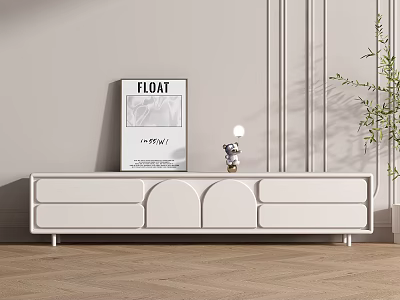 White TV Stand with Drawers Decorative Items and Green Plant in Modern Living Room 3d model