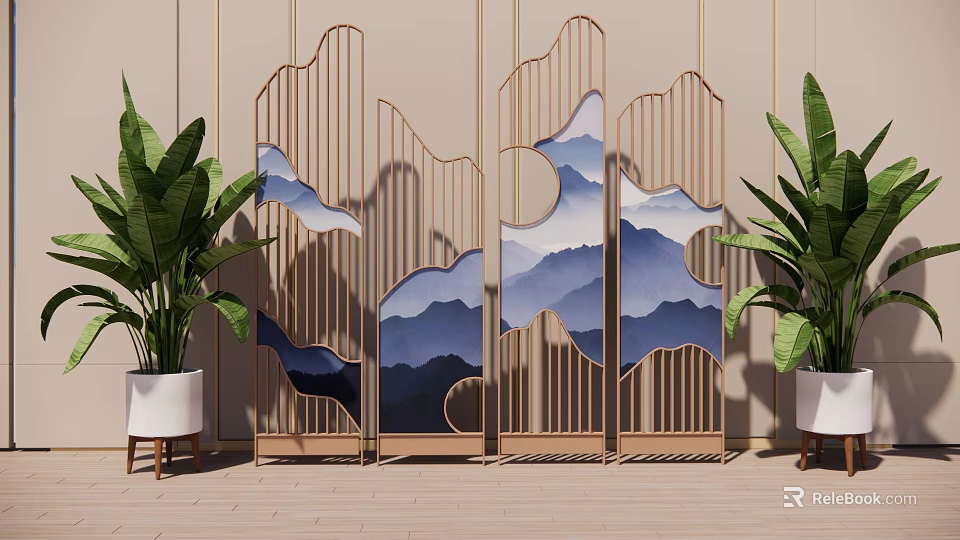 Modern Decorative Screen With Wooden Frame And Blue Mountain Pattern Featuring Green Plants 3d model
