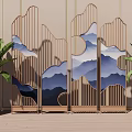 Modern Decorative Screen With Wooden Frame And Blue Mountain Pattern Featuring Green Plants 3d model