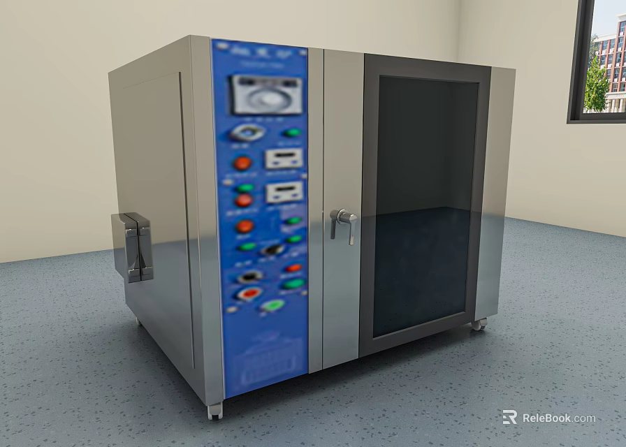 Commercial Stainless Steel Equipment with Blue Control Panel Glass Door and Multiple Buttons Dials 3d model 