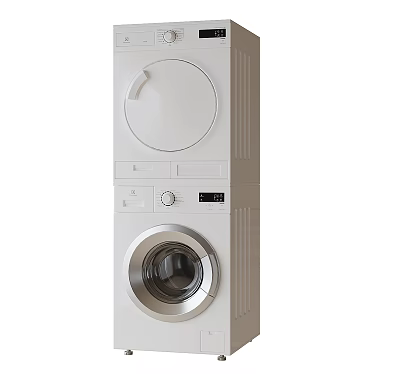 Stacked White Washing Machine and Dryer with Round Door and Control Panel 3d model
