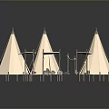 White Teepee Tents Interior Decor Setup With Wooden Poles And Decorative Accessories
