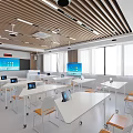 Modern Classroom With Wooden Walls White Tables Wheeled Chairs Tablets And Large Screens