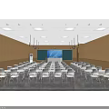School Classroom Interior With Neatly Arranged White Desks Chairs Large Screen And Ceiling Lights