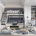 Modern Kids Room Interior With Bunk Bed Staircase Desk Storage Rug And Toys