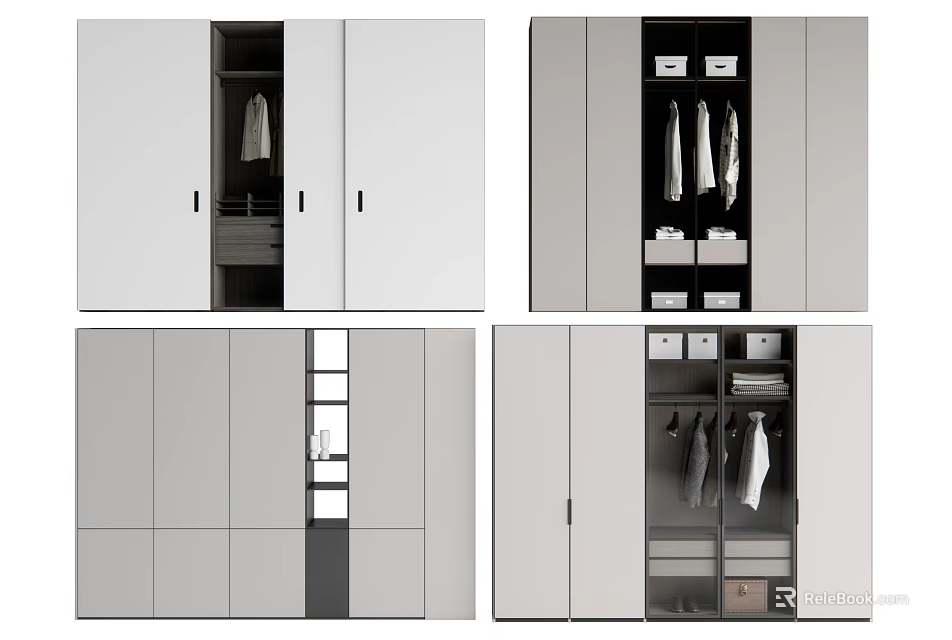 Modern Light Gray Wardrobe With Sliding Doors Hanging Rods Storage Drawers And Shelves 3d model 