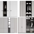 Modern Light Gray Wardrobe With Sliding Doors Hanging Rods Storage Drawers And Shelves