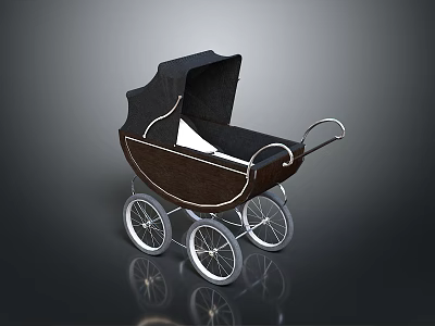 Vintage Baby Carriage With Black Canopy Brown Body And Four Wheels 3d model