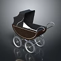Vintage Baby Carriage With Black Canopy Brown Body And Four Wheels