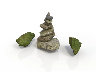 Artistic Balanced Stacked Stones Structure With Natural Green Moss Covered Rocks 3d model