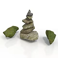 Artistic Balanced Stacked Stones Structure With Natural Green Moss Covered Rocks
