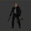 Male Character Wearing Black Leather Jacket And Sunglasses Holding Silver Long And Red Short Guns