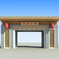 Ancient Style Small Town Gate with Traditional Roof Red Lanterns and Stone Pillars