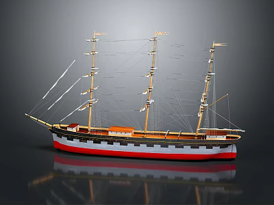 Detailed Wooden Sailing Ship Model With Multiple Masts And Red White Hull 3d model
