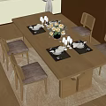 Modern Dining Table Set With Matching Chairs Tableware Vase Flowers And Wine Glasses 3d model