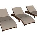 Three Outdoor Lounge Chairs With Wooden Frame And Cushioned Beige Seats