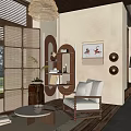 Leisure Chair With Wooden Frame Fabric Cushions Bamboo Screen And Natural Light In Cozy Room
