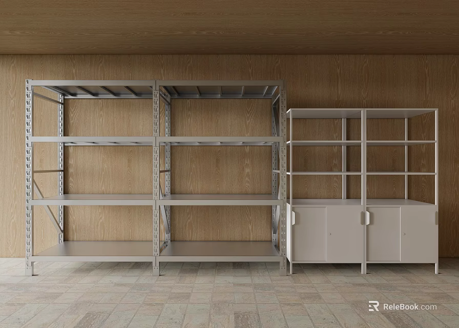 Metal Display Shelves Featuring Multi Tiered Racks And Cabinet Against Modern Wooden Wall 3d model 