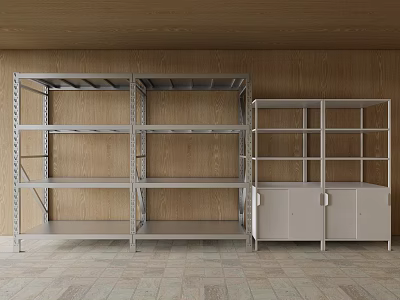 Metal Display Shelves Featuring Multi Tiered Racks And Cabinet Against Modern Wooden Wall 3d model