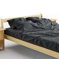 Double Bed with Wooden Frame Simple Design Dark Bedding and Matching Nightstand 3d model