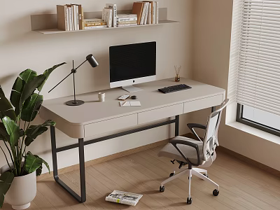 Modern Office Desk Chair Combo With Computer Desk Lamp Bookshelf Potted Plant And Window Blinds 3d model