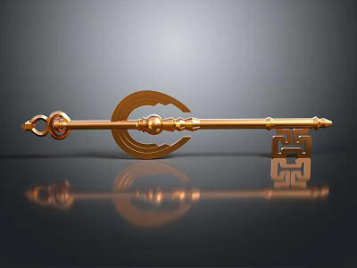 Golden Decorative Key With Intricate Patterns And Reflective Surface For Home Use 3d model