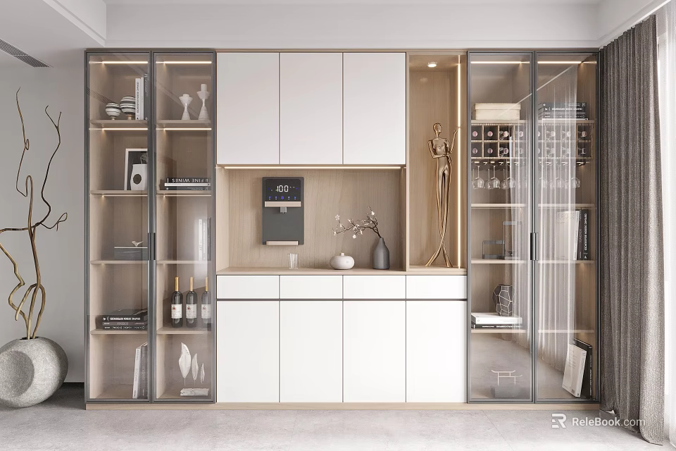 Modern Wine Cabinet With Glass Doors Wooden Frame And Decorative Wine Bottles On Display Shelves 3d model 