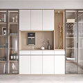 Modern Wine Cabinet With Glass Doors Wooden Frame And Decorative Wine Bottles On Display Shelves