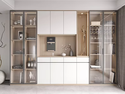 Modern Wine Cabinet With Glass Doors Wooden Frame And Decorative Wine Bottles On Display Shelves 3d model