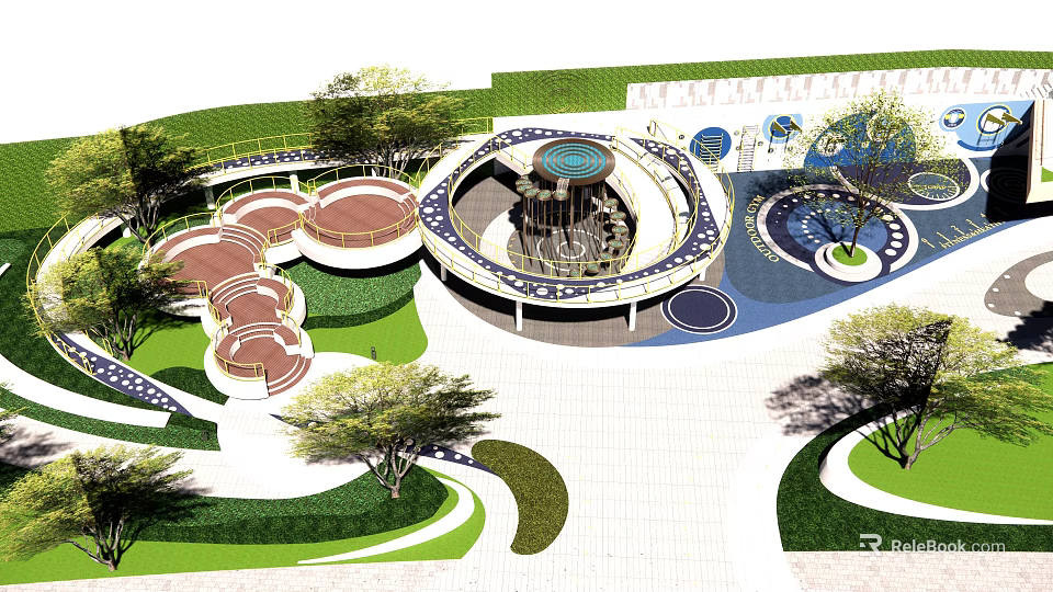 Public Park Landscape Design Featuring Circular Water Feature Curved Walkways Greenery And Seating Areas 3d model 