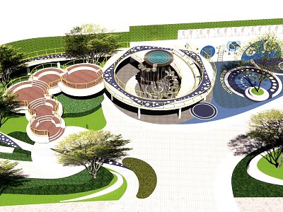Public Park Landscape Design Featuring Circular Water Feature Curved Walkways Greenery And Seating Areas 3d model