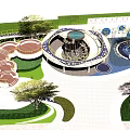 Public Park Landscape Design Featuring Circular Water Feature Curved Walkways Greenery And Seating Areas