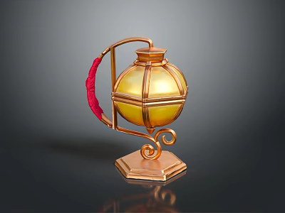 Vintage Copper Lantern Furniture With Yellow Glass Shade Red Decorative Band And Pedestal Base 3d model