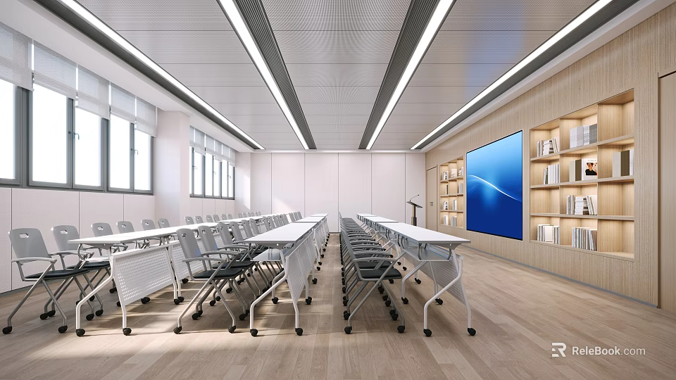 School Modern Spacious Classroom With Desks Chairs Large Screen And Bookshelves 3d model 