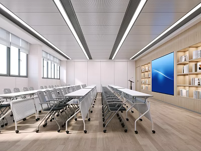 School Modern Spacious Classroom With Desks Chairs Large Screen And Bookshelves 3d model