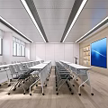 School Modern Spacious Classroom With Desks Chairs Large Screen And Bookshelves