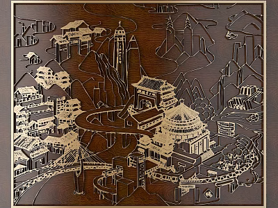 Wood Carving Artwork with Traditional Chinese Architecture Modern Buildings Mountains and Rivers on Dark Wood 3d model