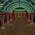 Cartoon Scene Of Grand Hall With Arched Wooden Ceiling Wooden Floor Columns And Staircases