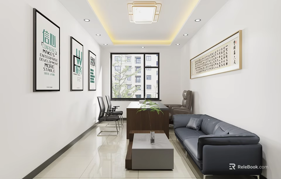 Modern Office Interior Design With Decorative Paintings Windows Sofa And Conference Table 3d model