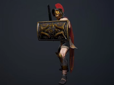 Man Wearing Spartan Armor Holding Decorative Shield With Red Cape Standing 3d model