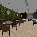 Stylish Restaurant Interior Design With Tables Chairs Pendant Lights And Green Plant Wall